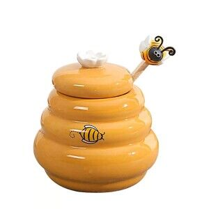 Honey Pot Ceramic Jar And Wooden Dipper Joie Beehive With Bee 4”‎ New